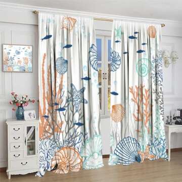 JanJCurt Nautical Coastal Curtains, Starfish Seashell Coral Beach Themed Drapes Ocean Orange Blue Teal Conch Print Window Treatments for Kitchen Living Room Bedroom, 42x45 Inch (No Blackout)