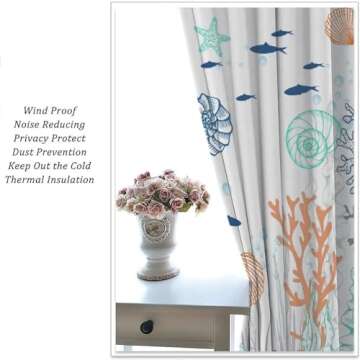 JanJCurt Nautical Coastal Curtains, Starfish Seashell Coral Beach Themed Drapes Ocean Orange Blue Teal Conch Print Window Treatments for Kitchen Living Room Bedroom, 42x45 Inch (No Blackout)