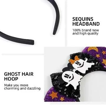 WOVOWOVO Halloween Mouse Ears Headbands for Women Girls, Bow Decoration Hairbands with Ghost Purple Sequin Headband Party Cosplay Hair Accessories Costume