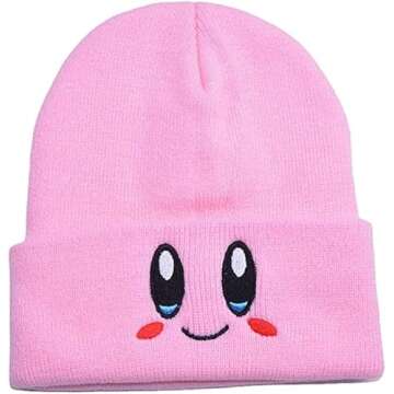JILANI HANDICRAFT Kir-by Beanies hat Lovely face Embroidery Winter Knitted Hat Bonnet Cap Girls Boys Skiing Warm Unisex (Pink)