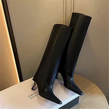 Goolita Women's Stiletto Heel Knee High Boots Square Toe Slip On Fold Over Boots For Women Leather Comfortable Dress Tall Boots