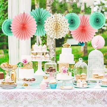 SUNBEAUTY Pack of 7 Paper Fans Decorations Kit Wedding Bridal Shower Baby Shower Birthday Decoration Hanging Paper Honeycomb Decoration, Cream Mint Green Rose Pink
