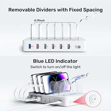 Unitek Fast Charging Station for Multiple Devices, 60W 6 Ports Charging Dock with QC 3.0, USB Charging Station Organizer with 7 Short Charging Cables for Phones, Tablets, and Other Electronics