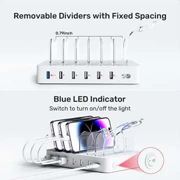 Unitek Fast Charging Station for Multiple Devices, 60W 6 Ports Charging Dock with QC 3.0, USB Charging Station Organizer with 7 Short Charging Cables for Phones, Tablets, and Other Electronics