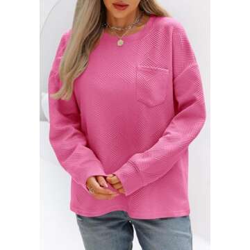 MEROKEETY Women's 2024 Fall Long Sleeve Oversized T Shirt Casual Crewneck Basic Textured Pullover Sweatshirt Tops, Rose, X-Large