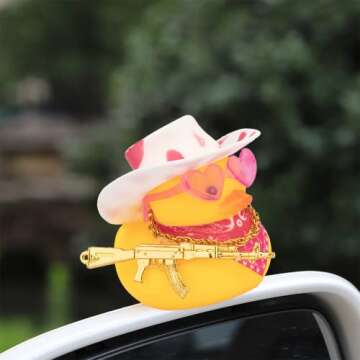 wonuu Car Rubber Duck Decoration, West Cowboy Duck Car Dashboard Decoration Accessories with Mini Swim Ring Cowboy Hat Scarf and Sunglasses(A_Pink&White Cowboy Cap)