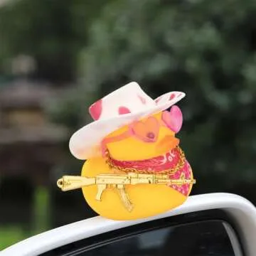 wonuu Car Rubber Duck Decoration, West Cowboy Duck Car Dashboard Decoration Accessories with Mini Swim Ring Cowboy Hat Scarf and Sunglasses(A_Pink&White Cowboy Cap)
