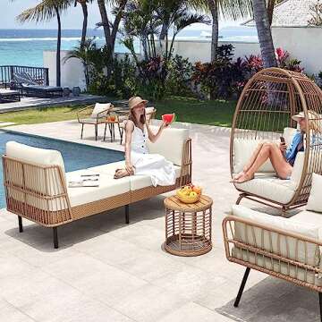 YITAHOME Wicker Outdoor Chaise Lounge, Oversized Patio Love Sofa, 74 Length Outdoor Indoor Upholstered Sofa Recliner Daybed with Thickness Cushion Indoor Lounger for Balcony Garden Pool - Beige