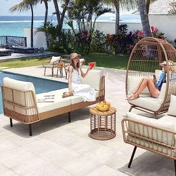 YITAHOME Wicker Outdoor Chaise Lounge, Oversized Patio Love Sofa, 74 Length Outdoor Indoor Upholstered Sofa Recliner Daybed with Thickness Cushion Indoor Lounger for Balcony Garden Pool - Beige