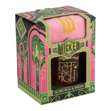 Paladone Wicked Movie Glass Mug & Socks Gift Set - Officially Licensed Disney Gift Fans, Pink Tinted The Best Witch of All Mug & Cozy Emerald City Ankle Socks