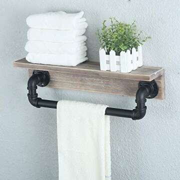 MBQQ Industrial Pipe Shelf,Rustic Wall Shelf with Towel Bar,20" Farmhouse Towel Racks for Bathroom,Floating Shelves Wall Mounted Home Decor Wooden Shelving,Retro Grey
