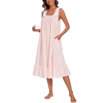 AVIIER Cotton Nightgown for Women with Pockets - Light Pink
