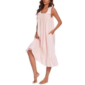 AVIIER Cotton Nightgown for Women with Pockets - Light Pink