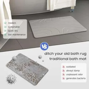 Stone Bath Mat, 23.5 x 15.4 in, Diatomaceous Earth Bath Mat Non-Slip Super Absorbent Stone Bath Mats for Bathroom Mat Quick Drying Bathroom Floor Mat, Natural, Easy to Clean, Curve - Grey