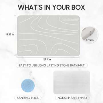 Stone Bath Mat, 23.5 x 15.4 in, Diatomaceous Earth Bath Mat Non-Slip Super Absorbent Stone Bath Mats for Bathroom Mat Quick Drying Bathroom Floor Mat, Natural, Easy to Clean, Curve - Grey