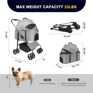 Dog Stroller for Small Medium Dogs, Cat Stroller with Detachable Carrier, Foldable 3 in 1 Multifunction Pet Stroller for Small Medium Dogs & Cats with 3-Mesh-Window, Storage Basket