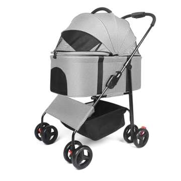 Dog Stroller for Small Medium Dogs, Cat Stroller with Detachable Carrier, Foldable 3 in 1 Multifunction Pet Stroller for Small Medium Dogs & Cats with 3-Mesh-Window, Storage Basket