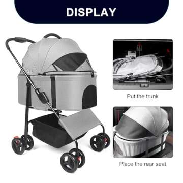Dog Stroller for Small Medium Dogs, Cat Stroller with Detachable Carrier, Foldable 3 in 1 Multifunction Pet Stroller for Small Medium Dogs & Cats with 3-Mesh-Window, Storage Basket