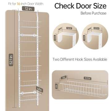 Delamu Adjustable Cabinet Door Organizer, 6-Tier Hanging Spice Rack Organizer, Metal Over the Door Pantry Organizer, Pantry Organizers and Storage Shelves for Kitchen Bathroom Laundry Room, White S