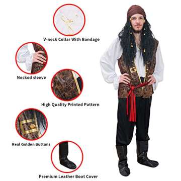 PATURPINT Men's Rogue Pirate Costume-Male Medieval Halloween Cruise Birthday Cosplay Party Pirate Outfit (XL)