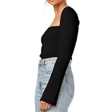 Womens Sweater Tops Sweetheart Neck Ribbed Bustier Corset Knit Long Sleeve Pullover Sweater Top (X-Small, Black)