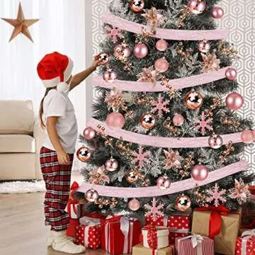 Sratte 94 Pcs Christmas Tree Decorations Set, Christmas Tree Ball Ornaments Glitter Poinsettia Flowers Decorations Glitter Berries Stems for Xmas Holiday Wedding(Rose Gold)