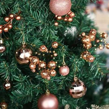 Sratte 94 Pcs Christmas Tree Decorations Set, Christmas Tree Ball Ornaments Glitter Poinsettia Flowers Decorations Glitter Berries Stems for Xmas Holiday Wedding(Rose Gold)