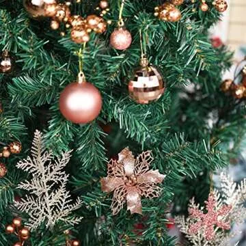 Sratte 94 Pcs Christmas Tree Decorations Set, Christmas Tree Ball Ornaments Glitter Poinsettia Flowers Decorations Glitter Berries Stems for Xmas Holiday Wedding(Rose Gold)