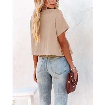 Fanway&EC Women's Short Sleeve V Neck Blouses Ruffle Hem Tie Front Crop Tops Lightweight Basic Summer Tops (Apricot, Small)