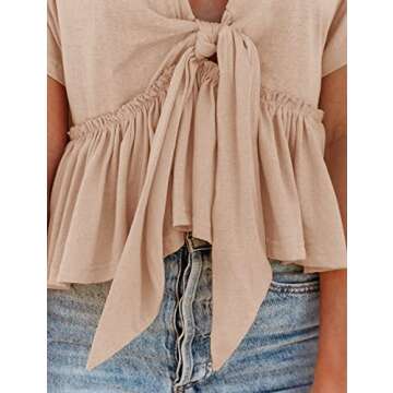 Fanway&EC Women's Short Sleeve V Neck Blouses Ruffle Hem Tie Front Crop Tops Lightweight Basic Summer Tops (Apricot, Small)