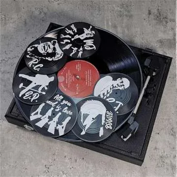Funny Retro Vinyl Record Coasters, Creative Drink Coasters Set of 6 with Vinyl Record Player Holder for Music Lovers, Housewarming Hostess Gifts, Birthday and White Elephant Gifts Ideas