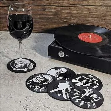 Funny Retro Vinyl Record Coasters, Creative Drink Coasters Set of 6 with Vinyl Record Player Holder for Music Lovers, Housewarming Hostess Gifts, Birthday and White Elephant Gifts Ideas