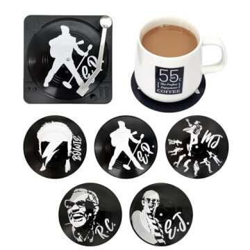 Funny Retro Vinyl Record Coasters, Creative Drink Coasters Set of 6 with Vinyl Record Player Holder for Music Lovers, Housewarming Hostess Gifts, Birthday and White Elephant Gifts Ideas