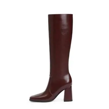 Modatope Knee High Boots Women Chunky Heel Burgundy Womens Fall Boots High Heel Side Zipper Long Boots Heeled Square Toe Boots for Women Size 7