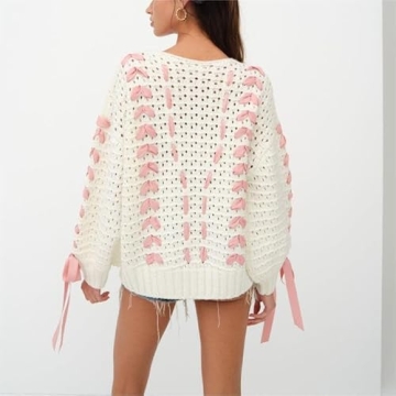Women's Y2K Bow Tie Sweater Lace Up Ribbon Dec Long Sleeve Crew Neck Sweater Pullover 2000s Hollow Knit Jumper Top (C-Pink, S)