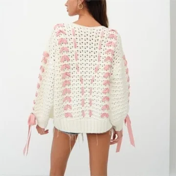 Women's Y2K Bow Tie Sweater Lace Up Ribbon Dec Long Sleeve Crew Neck Sweater Pullover 2000s Hollow Knit Jumper Top (C-Pink, S)