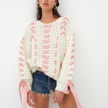 Women's Y2K Bow Tie Sweater Lace Up Ribbon Dec Long Sleeve Crew Neck Sweater Pullover 2000s Hollow Knit Jumper Top (C-Pink, S)