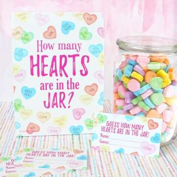 DISTINCTIVS Valentine's Day Party Game - How Many Candy Hearts in The Jar Party Activity (1 Sign & 3...