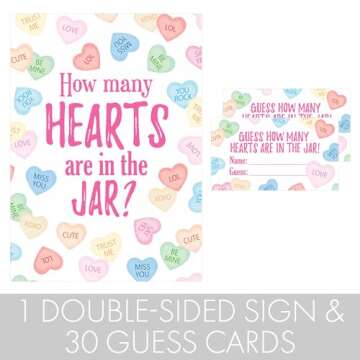 DISTINCTIVS Valentine's Day Party Game - How Many Candy Hearts in The Jar Party Activity (1 Sign & 30 Guessing Cards)