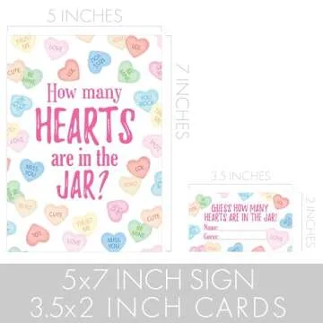 DISTINCTIVS Valentine's Day Party Game - How Many Candy Hearts in The Jar Party Activity (1 Sign & 30 Guessing Cards)