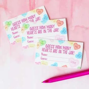 DISTINCTIVS Valentine's Day Party Game - How Many Candy Hearts in The Jar Party Activity (1 Sign & 30 Guessing Cards)