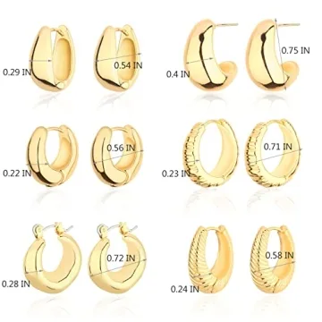 Wgoud Chunky Huggie Earring 14K Gold Hoop Earrings for Men Women Hypoallergenic, Thick Twist Earring (6 Prs Chunky Gold)