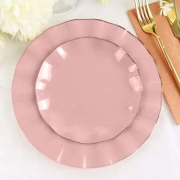 Efavormart 10 Pack | Dusty Rose 6" Round Plastic Dessert Salad Plates, Disposable Appetizer Plates with Gold Wavy Rim for Wedding, Outdoor Receptions, Banquets, Holiday Dining