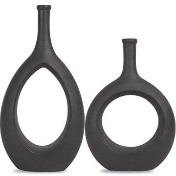 SANFERGE Set of 2 Black Ceramic Flower Vase, Hollow Oval Vase for Home Décor Office Decoration, Mod...