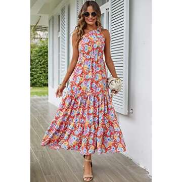 PRETTYGARDEN Women's Summer Floral Maxi Dress Knot One Shoulder Sleeveless Ruffle Flowy Boho Beach W...