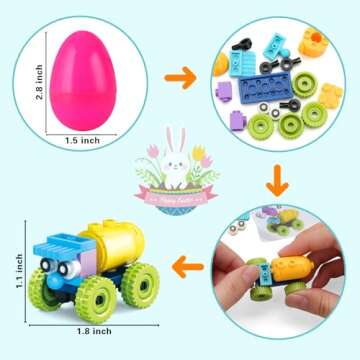 JYXT 12 Pack Easter Eggs with Car Building Blocks Toys, Prefilled Easter Basket Stuffers Mini Buildi...