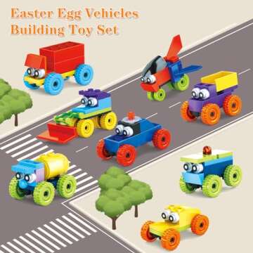 JYXT 12 Pack Easter Eggs with Car Building Blocks Toys, Prefilled Easter Basket Stuffers Mini Building Block Transporter Building Set for Kids Classroom Prize Party Favors Goodie Bags Fillers