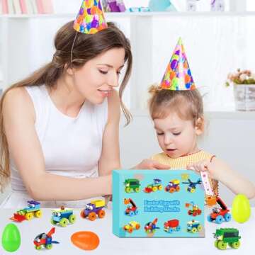 JYXT 12 Pack Easter Eggs with Car Building Blocks Toys, Prefilled Easter Basket Stuffers Mini Building Block Transporter Building Set for Kids Classroom Prize Party Favors Goodie Bags Fillers