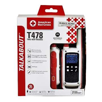 Motorola Solutions, Portable FRS, T478, Talkabout, Two-Way Radios, Red Cross, Emergency Preparedness, Rechargeable, W/Charging Dock, 22 Channel, 35 Mile, White, 2 Pack