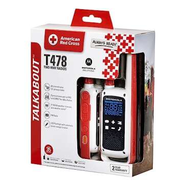 Motorola Solutions, Portable FRS, T478, Talkabout, Two-Way Radios, Red Cross, Emergency Preparedness, Rechargeable, W/Charging Dock, 22 Channel, 35 Mile, White, 2 Pack